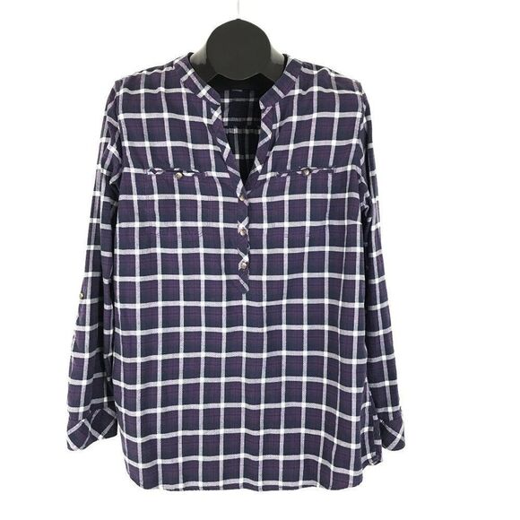 Eddie Bauer Plaid Popover Top Women's XL Roll Tab Woven 100% Cotton Outdoor - Picture 1 of 14